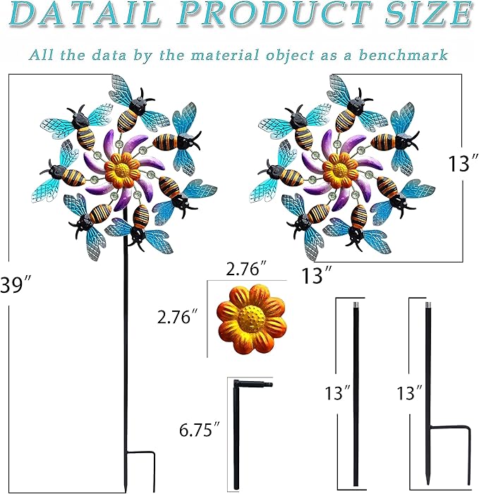 39" Bee Wind Spinners Metal Garden Stake-Outdoor Yard Windmill-Wind Sculpture Yard Art Decorations for Patio,Lawn & Garden