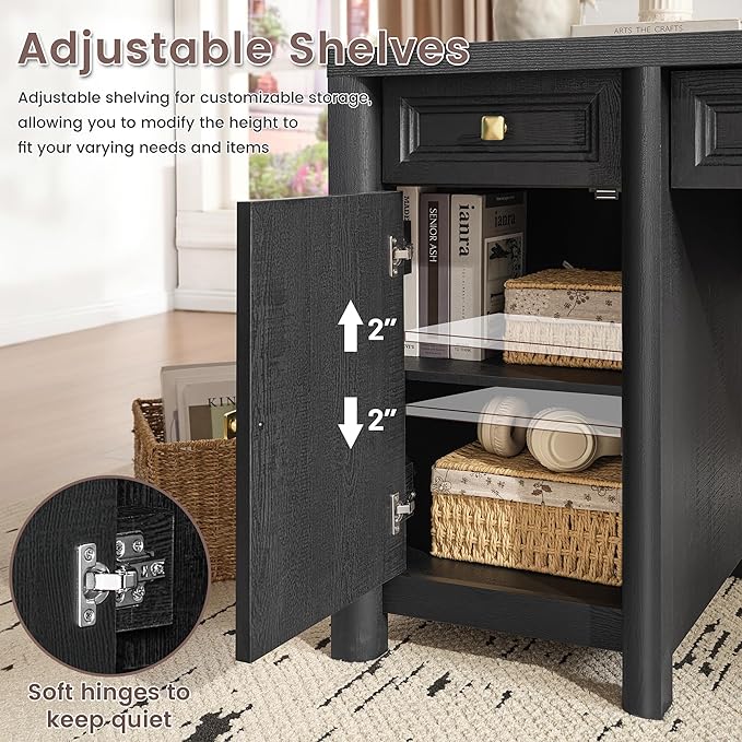 Farmhouse Black Office Desk with Drawers, 58” Executive Desk for Work Study, Home Writing Desk with Gold Knobs, 5 Different Sizes Drawers and Storage, Workstation for Study Room Living Room