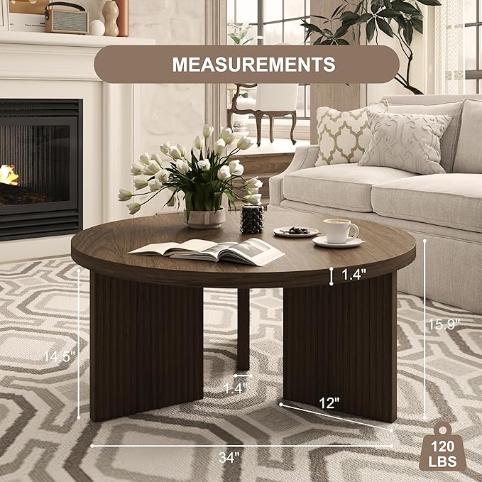 Wooden Round Coffee Table, 35" Coffee Table with Smooth Thick Mesa, Low Circle Center Table with X Shaped Stable Legs, Accent Tea Table for Living Room, Office, Brown