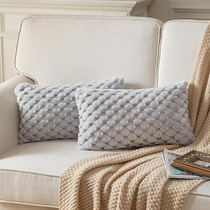 Pack of 2 Super Soft Throw Pillow Covers 12x20 Inch Faux Fur Plush Pillowcase Luxury Cozy Fluffy Decorative Cushion Cover for Sofa Couch Bed Livingroom LightGrey