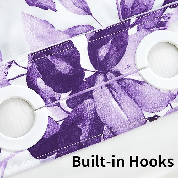 QiyI No Hook Shower Curtain with Snap in Fabric Liner, Purple Eucalyptus Shower Curtain with See Through Top Window, Waterproof Washable Cloth Ringless Shower Curtain Set for Bathroom, 72 x 75