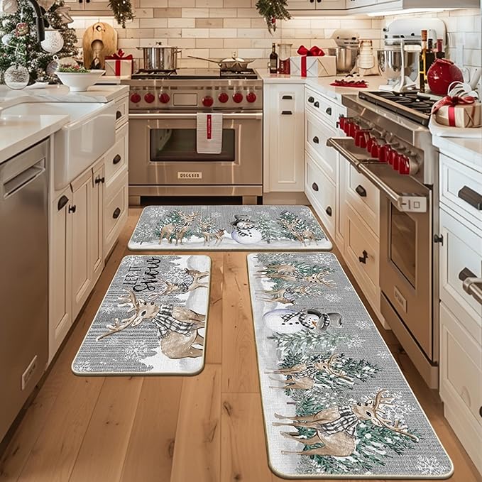 Artoid Mode Deer Tree Let It Sonw Snowflakes Christmas Kitchen Mats Set of 2, Winter Decor Low-Profile Kitchen Rugs for Floor - 24"x36"+24"x59"+24"x72"
