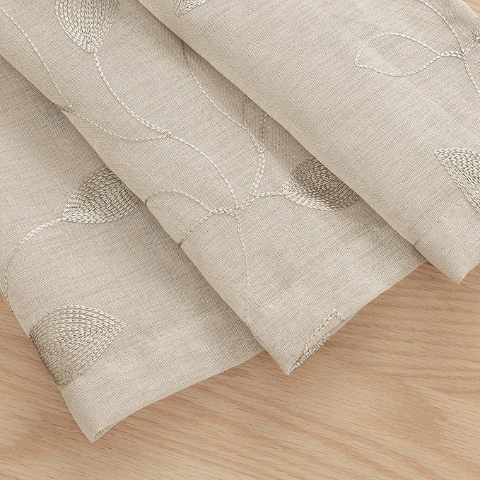 HOMEIDEAS Taupe Sheer Curtains 52 x 54 Inch Length 2 Panels Beige Embroidered Leaf Pattern Short Curtains for Bedroom Half Small Window Rod Pocket Kitchen