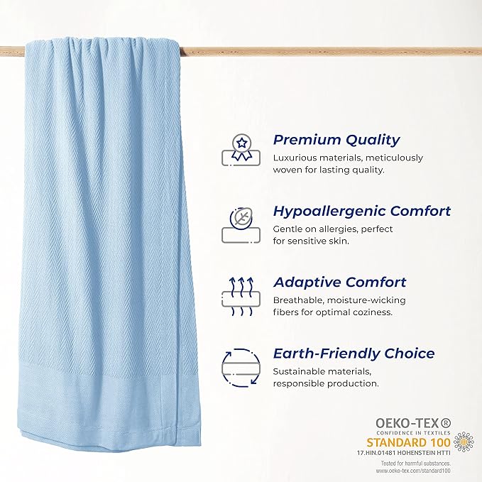 THREAD SPREAD Organic GOTS Cotton Blanket, King/Cal King - 350GSM, Oversized Antistatic, Couch, Bed, Camping & Travel, Luxurious Herringbone All-Season Throw, Light Blue + Stylish Bonus Tote Bag