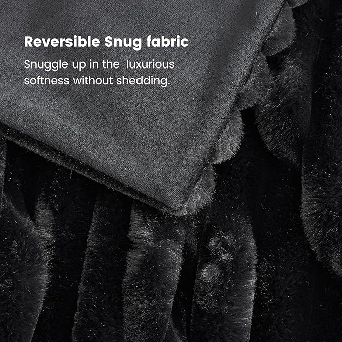 Cozy Bliss Faux Fur Throw Blanket for Couch, Cozy Warm Plush Striped Blanket for Sofa Bedroom Living Room, 50 * 60 Inches Black