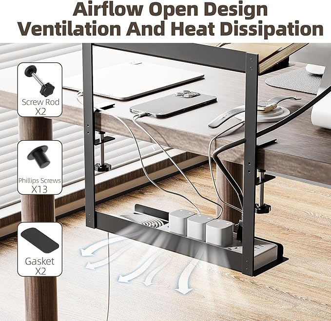 Delamu Under Desk Cable Management Double Tray, Metal Mesh Cord Organizer with U Clamp Mount, Adjustable Hole Cable Tray with Wire Management, Cable Raceway for Home Office Standing Desk