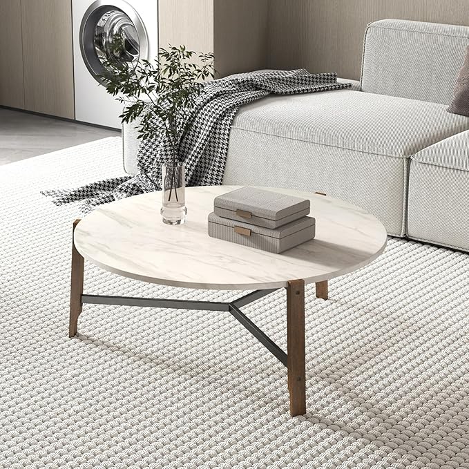 HEAH-YO Round Coffee Table, 36” Wooden Coffee Tables for Living Room, Modern Corner Table for Small Spaces, White