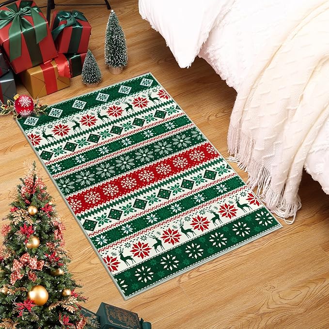 Small Entryway Area Rug 2x3 Christmas Rug Indoor Non-Slip Front Door Mat Washable Boho Rug Xmas Decorative Throw Floor Covers Farmhouse Geometric Festival Carpet for Living Room Bedroom, Green