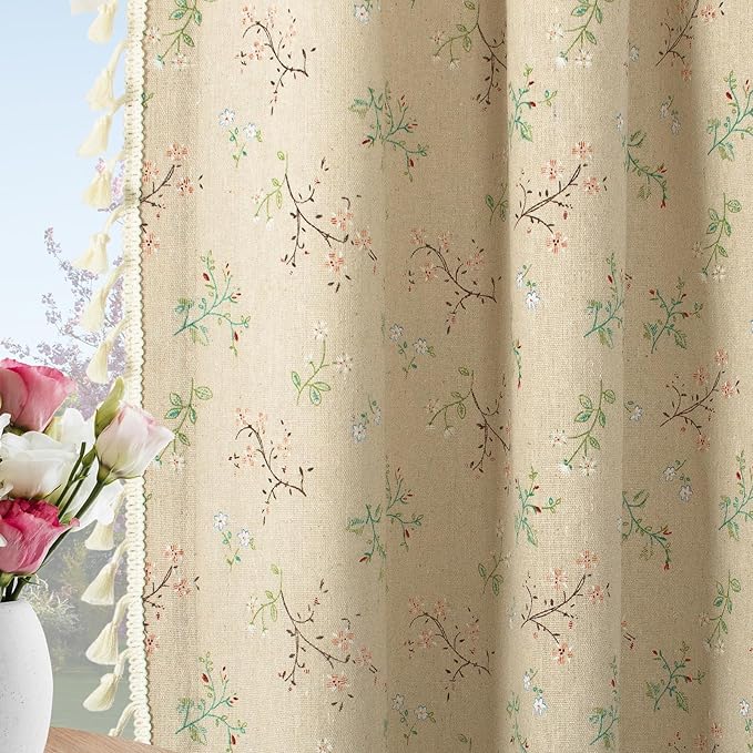 Floral Curtains Farmhouse Curtains for Living Room 84 Inch Length Linen Floral Patterned Curtain Rod Pocket Bedroom Drapes with Tassel, 2 Panels