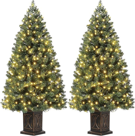 GarveeHome 4.5ft Green Christmas Tree, Pre-Lit Artificial Potted Xmas Tree with 300 Led Lights, 8 Lighting Modes, Black Base Design, Dense Branch Realistic Home Party Decoration w/Easy Assembly，2 PC