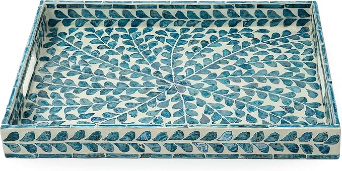 CLAYNIX Serving Tray 15.7" X11.8", Lacquer Mother of Pearl Inlay Mosaic Tray, Rectangle Wooden Marble Tray with Handles Trays for Tea, Breakfast in Bed, Table (Blue)