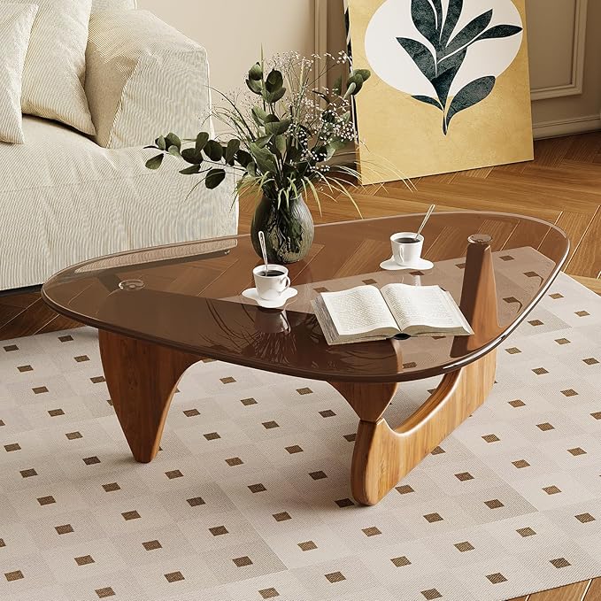 Coffee Table for Living Room Mid Century Modern Center Table with Glass Top and Oak Wood, Brown/Walnut