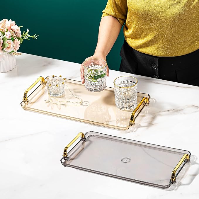 Acrylic Serving Tray with Handles Ottoman Countertop Decorative Tray Serving Tray Spill-Proof Tray for Coffee Table Living Room Bedroom16 x 9 x 0.8 inches (Amber)