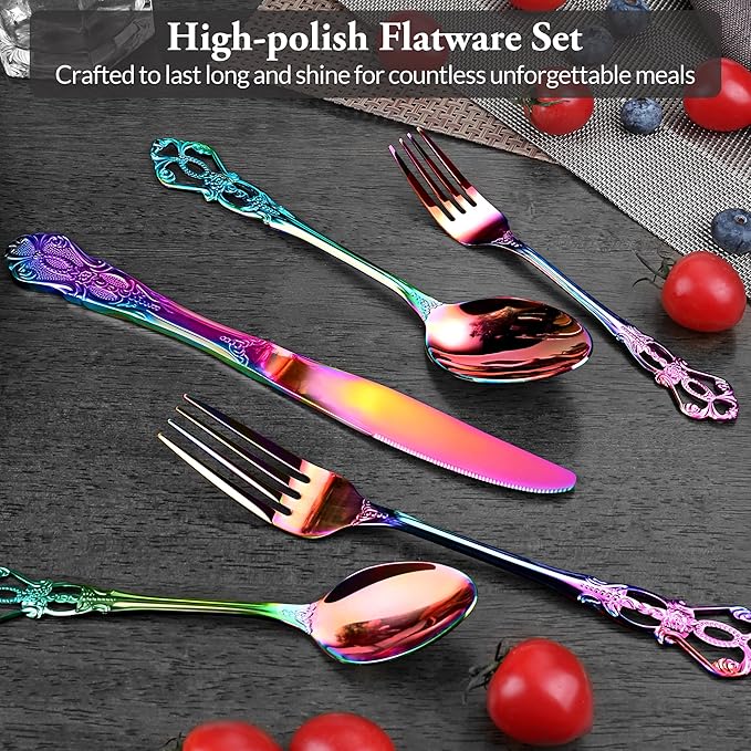 Silverware Set, 30 Pieces Retro Royal Silverware Set for 6, Anti-rust Stainless Steel Flatware Set Including Fork Spoon and Knife, Dishwasher Safe, Rainbow