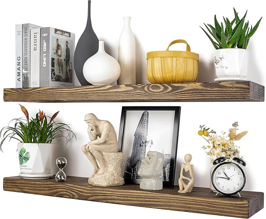 Distressed Floating Shelves 36 inch Long Set of 2,8 inch deep Solid Wood Wall Mounted Shelves for Living Room Kitchen,Book Shelf for Wall with Hidden Bracket- Distressed Black Walnut