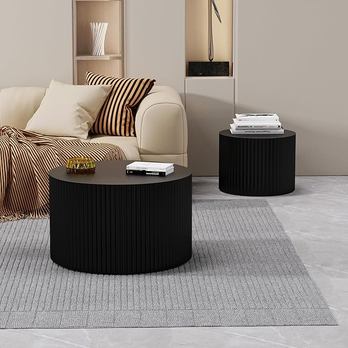 Round Coffee Table Set of 2 Modern Nesting Coffee Tables Wooden Drum Coffee Tables with Non-Slip Feet, Circle Nesting Tables End Table for Living Room Office, No Assembly (Black 18.9"+14.96")