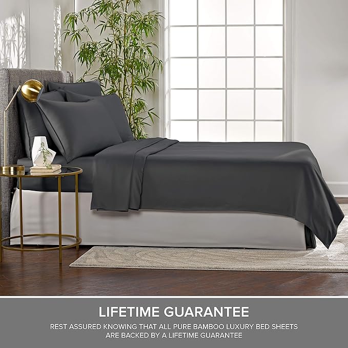 Short Queen Sheets by Pure Bamboo for RV Camper (60"x75") - Genuine 100% Organic Viscose Derived from Bamboo Bed Sheet Set, Soft & Cooling, Lifetime Quality Promise (Short Queen, Charcoal)