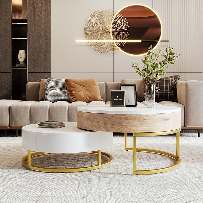 Modern Round Lift-top Nesting Coffee Tables with 2 Drawers for Living Room White & Natural