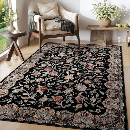 Rugcomf Vintage Paisley Rugs for Bedroom 4'x6' - Machine Washable Area Rug, Non-Slip Low Pile Floral Carpet for Girl/Boys Room, Living Room, Kids, Entry - Black