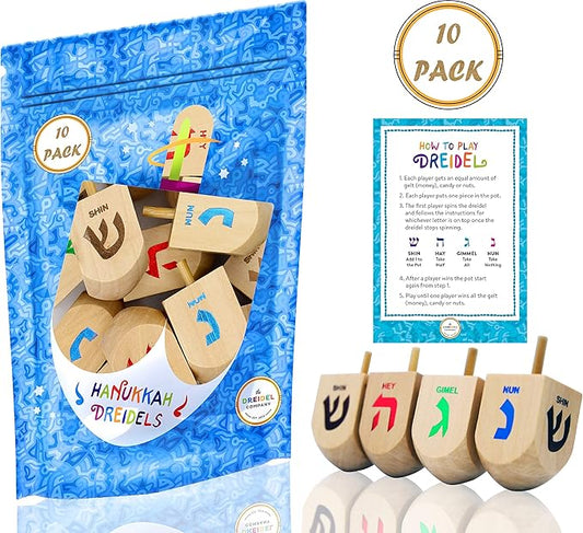 The Dreidel Company Hanukkah 10 Extra Large Hand Painted 3" Inch Wooden Dreidels - Includes Game Instruction Cards- (10-Pack XL)