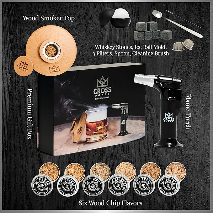 Whiskey Smoker Kit - Premium Cocktail Smoker Kit with Torch, 6 Flavors of Wood Chips, Whiskey Stones, Filters, Durable Old Fashion Smoker Kit, Ideal for Whiskey Lovers (No Butane)