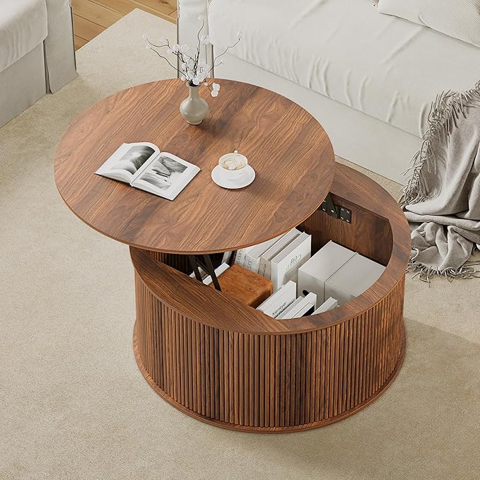 Lift Top Coffee Table, Fluted Round Coffee Table with Storage, Farmhouse Center Dining Table Circle Table for Living Room, Apartment, Home Office (Walnut)