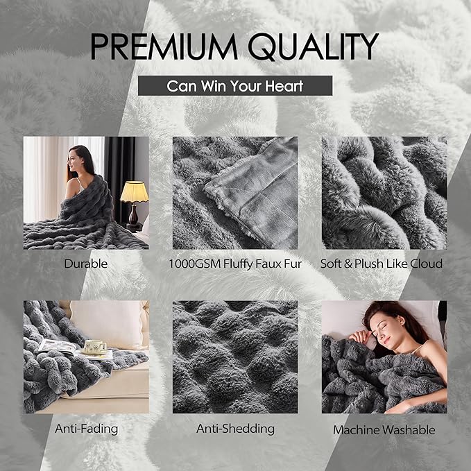 Luxury 1000GSM Faux Rabbit Fur Throw Blanket, Super Heavy Warm Cozy Blankets for Couch Bed Sofa, Bubble Plush Fuzzy Elegant Soft Reversible Mink Blanket for Living Room Bedroom, Grey