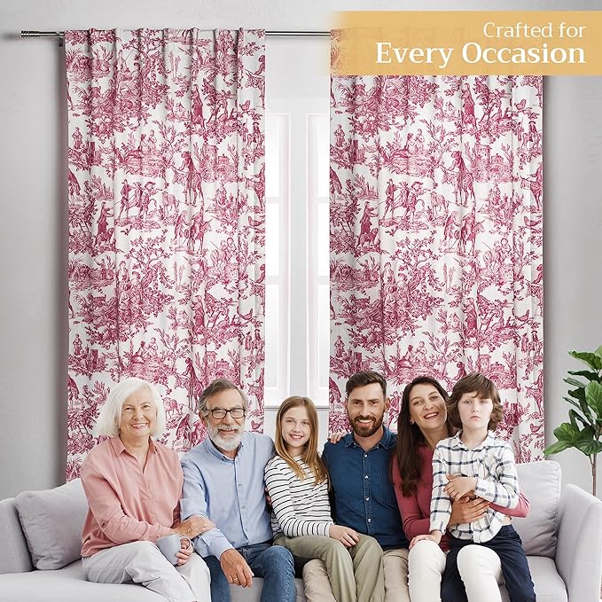 Maison d' Hermine Curtains for Living Room 100% Cotton 84 inch Length One Panel Light Filtering Toile Curtains for Bedroom with Rod and Loop Pockets (The Miller Red (White Background), 50" W x 84" L)