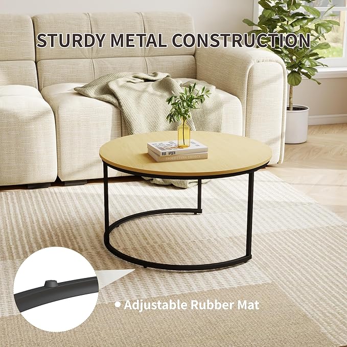 Nesting Tables Set of 2, 31.5" Round Coffee Table, Wood Grain Top Nesting Coffee Table with Adjustable Non-Slip Fee, Small Nesting Tables for Living Room, Bedroom (Wood Grain Light Brown)