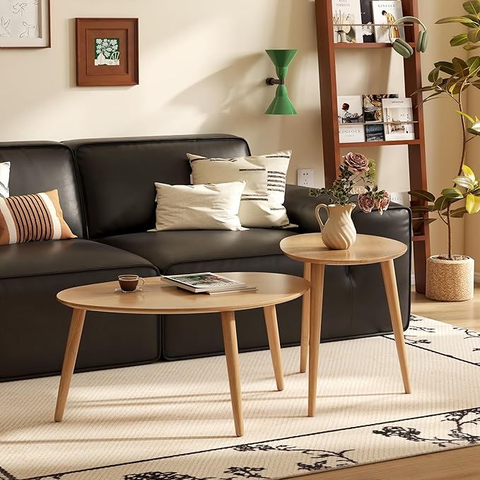 Small Oval Coffee Table, Mid Century Modern Coffee Table for Living Room, 100% Solid Oak Wood Side Table End Tables for Home (Original Wood Color, 25.59''x17.51''x19.68'')