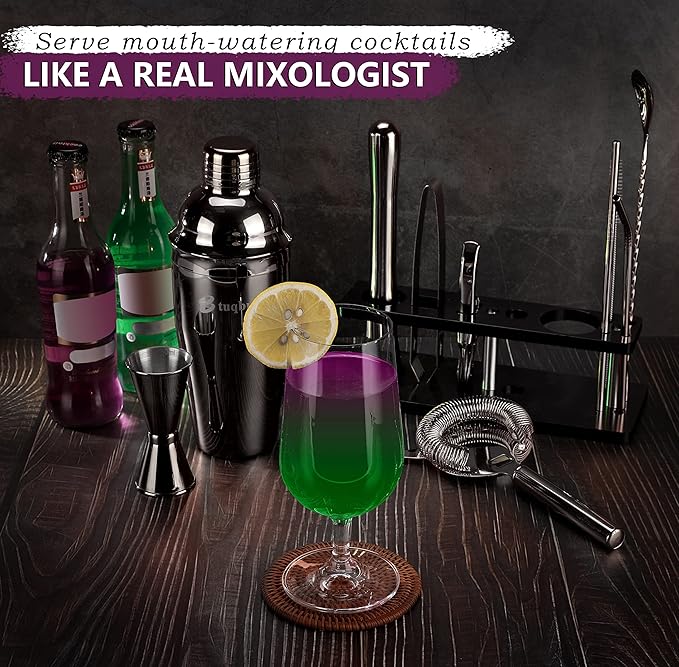 Bartender Kit with Stand, 11 Piece Set, Cocktail Shaker Set 24 oz Shaker Bar Tool Set for Beginner with Recipe