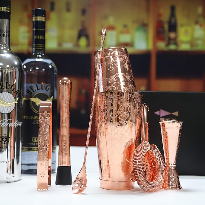 SKY FISH Bartender Kit Cocktail Shaker Set-6 Pieces Stainless Steel Copper Plated Etching Bar Tools with Boston Shaker Tins,Mixing Spoon,Mojito Muddler,Jigger,Hawthorne Strainer,Ice Tongs