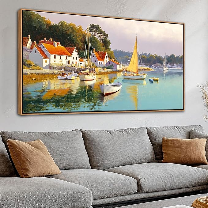 AJAZIKO Coastal Wall Art - Rustic Ocean & boat Canvas Art for Living Room & Bedroom Decor - Framed Landscape Artwork for Walls - Italian Farmhouse & Country Wall Decor Print Pictures24x48IN