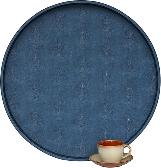 HofferRuffer Large Round Serving Tray 24'', Elegant Faux Leather Circle Ottoman Table Tray, Serve Tea Coffee Breakfast in Bedroom Living Room Kitchen (Blue)