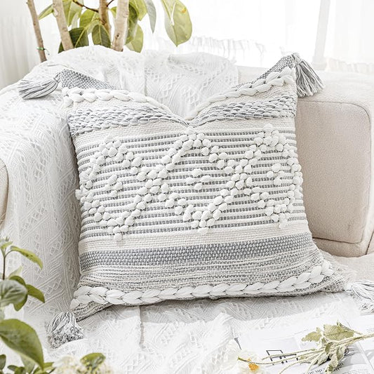 BlissBlush Gray Boho Throw Pillow Cover 22X22, Woven Textured Accent Pillow Cover, Sofa Couch Bed Farmhouse Pillow with Tassels (Cover ONLY)