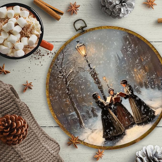 CUANFDDSF Christmas Women Reading Book Round Wall Art, Vintage Christmas Street Scene Framed Hanging Wall Decor, Xmas Bookish Canvas Prints Decorations for Library Reading Room Bedroom, 10x10 Inch