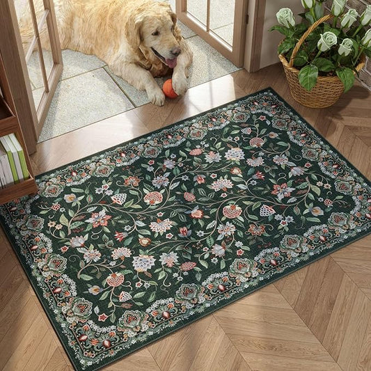 Rugcomf 2'x3' Entryway Rug - Paisley Pattern, Door Mat Indoor Entrance, Floral Vintage, Machine Washable, Non-Slip Low Pile Area Rug for Kitchen, Front Door, Kids Room - Green