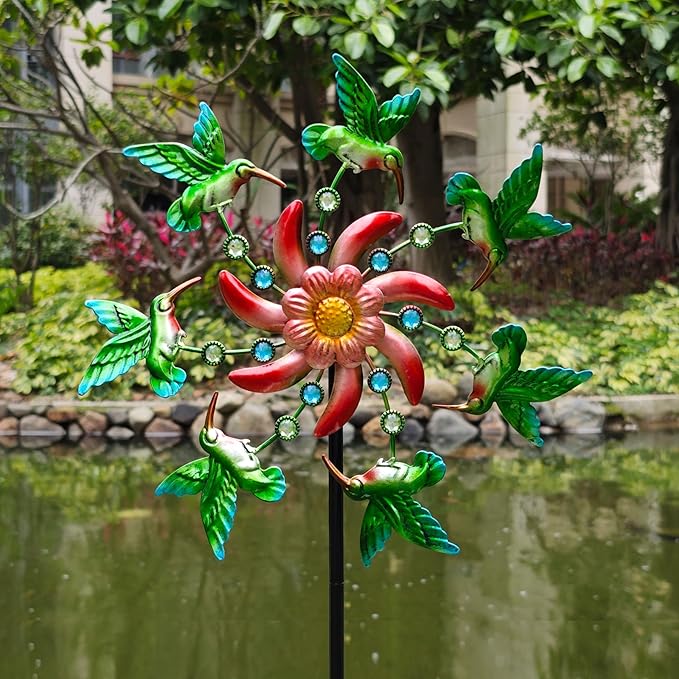 39" Hummingbird Wind Spinner for Yard and Garden Stake,Outdoor Metal Windmill Single Direction Wind Sculptures Kinetic Windmills for Yard Garden Decorations