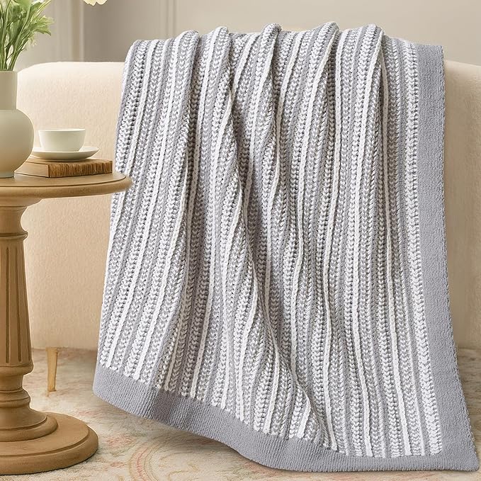 Amélie Home Striped Knit Throw Blanket for Couch, Dual-Sided Soft Chenille Decorative Blankets for Sofa & Chair, 50"x60", Gray & White