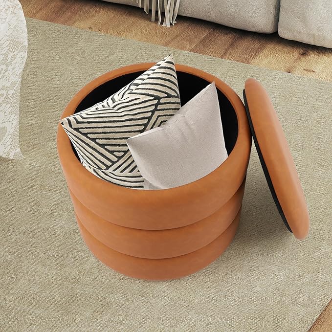DAGONHIL Round Storage Ottoman PU Leather Footrest, Hidden Storage Ottoman Stool, Multi-Functional Coffee Table for Living Room, Bedroom, Entryway, Brown