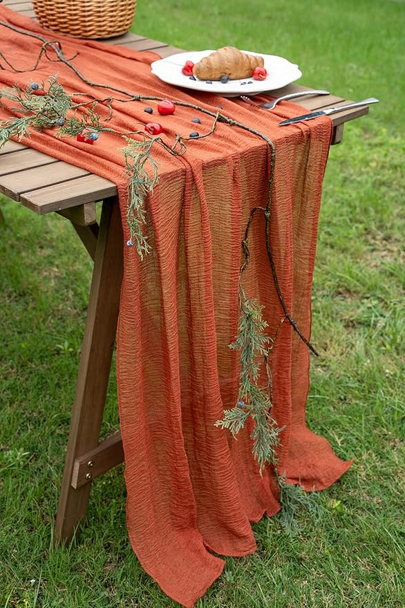 Keketo Fall Thanksgiving Table Runner Terracotta Rust Gauze 120 Inch 10 FT Rustic Burnt Orange Sheer Cheese Cloth for Bridal Shower Friendsgiving Party Centerpiece Decor Fall Decorations for Home