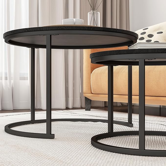 HOJINLINERO Round Coffee Table Set of 2 End Tables for Living Room,Black Coffee Table Nesting Tables,Living Room Table Wooden Accent Furniture Metal Frame,Sturdy Stacking Side Tables,Easy Assembly