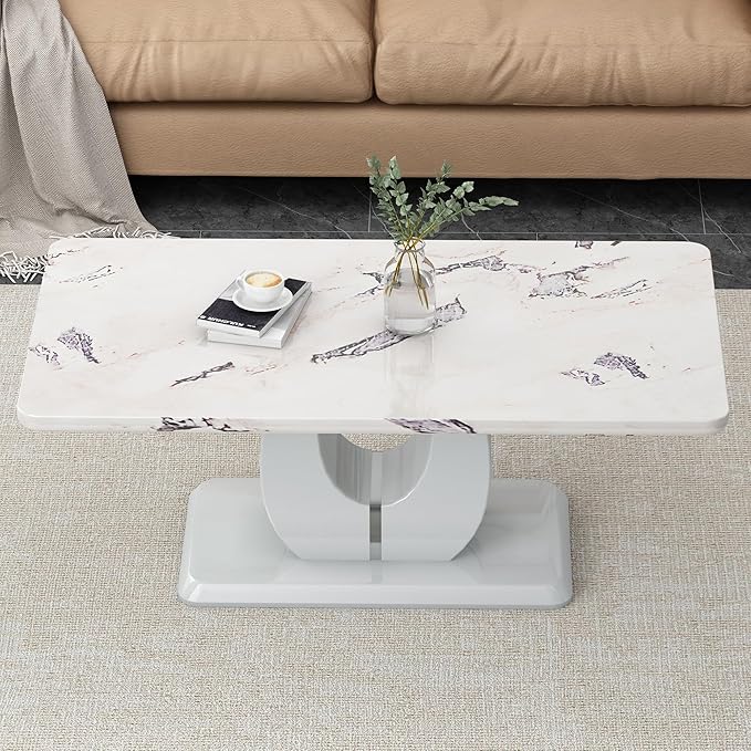 LKTART Rectangle Coffee Table for Living Room, Imitation Marble Coffee Tables with Storage, Modern Stable Base Accent Center Tea Table for Small Space Apartment (43.3''L×22.4''W-White,Grey)