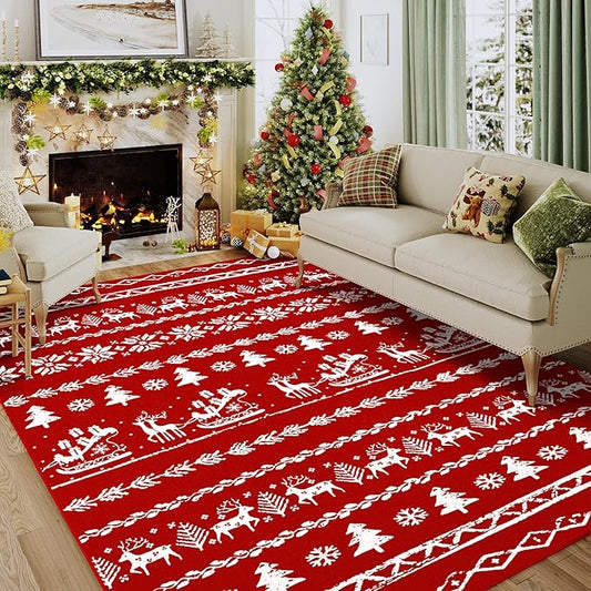 Christmas Area Rug 5x7 Red Kitchen Washable Carpet Xmas Snowflake Holiday Decor Indoor Throw Rug Living Room Soft Low Pile Carpet Non Slip Bedroom Dining Room Office Nursery Bathroom
