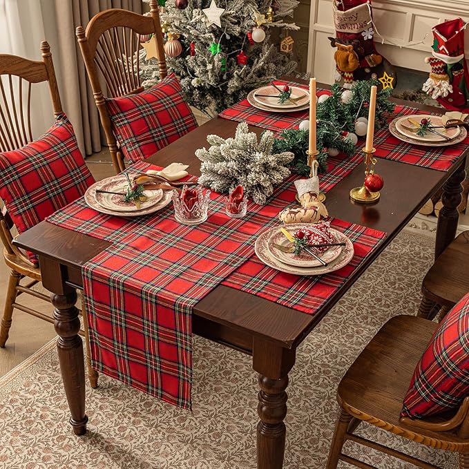 Softalker Christmas Checkered Tartan Table Runner - Red Buffalo Plaid Xmas Stain Resistant Washable Table Decoration for Dining/Parties/Holiday Decor, 13 x 36 Inch