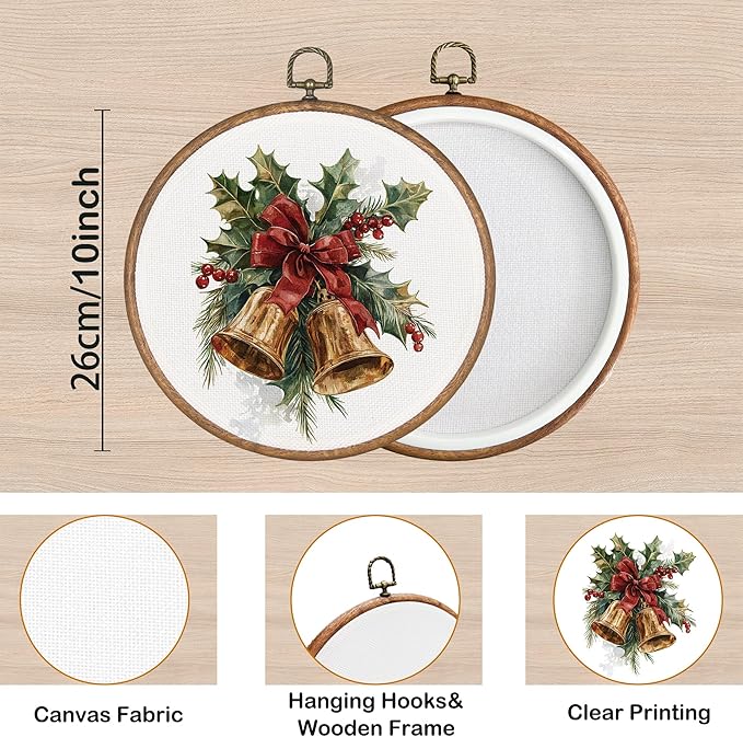 KSDUT Christmas Wall Decor Art - Vintage Xmas Holiday Wall Art Canvas Frame Hanging Prints, Retro Bell Bow Round Wall Art Decor for Home Farmhouse Decorations 10"x10"