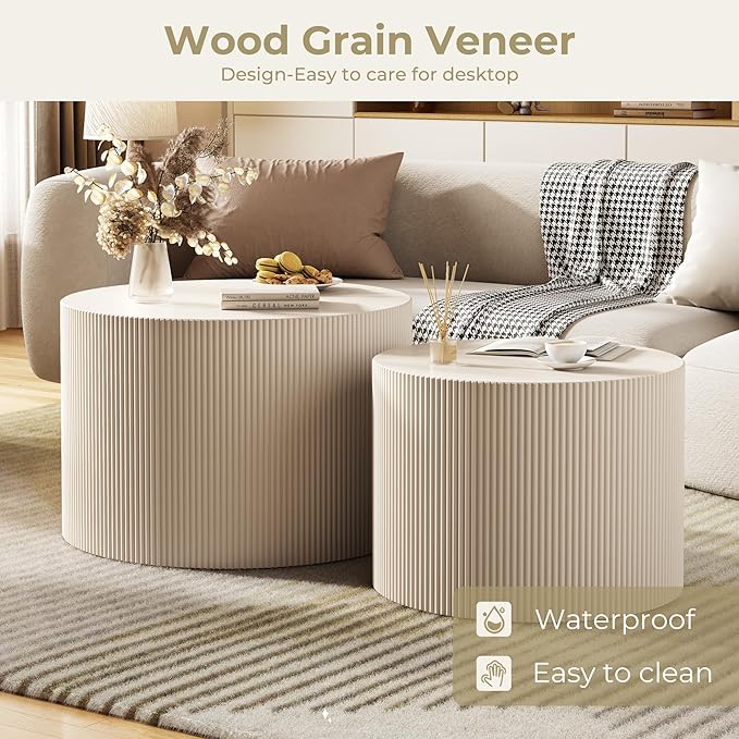 Round Coffee Table Set of 2, Modern Wooden Beige Nesting Coffee Tables for Living Room, No Assembly Required Circle Side Tables Set Accent End Table for Bedroom, Balcony