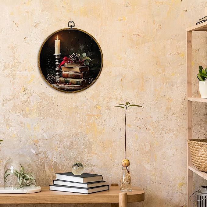 CUANFDDSF Vintage Moody Christmas Book Round Wall Art, Rustic Christmas Candle Bookish Framed Hanging Wall Decor, Cozy Xmas Winter Canvas Prints Decorations for Home Library Reading Room, 10x10 Inch