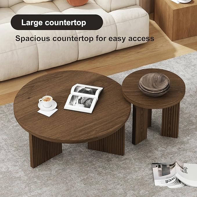 Nesting Coffee Table Set of 2, Modern Wooden Coffee Table with Smooth Thick Design, Circle Tea Table and End Table Set, Accent Center Tables for Living Room, Office, Brown