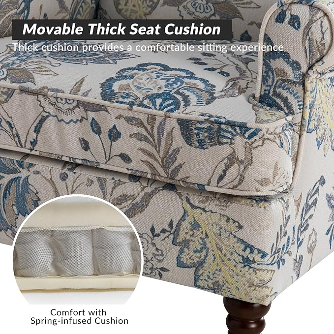 HULALA HOME Wingback Accent Chair with Retro Wood Legs, Traditional Fabric Armchair for Living Room Bedroom, Comfy Upholstered Single Sofa Chair Reading Chair with Unique Pattern Design, Blue
